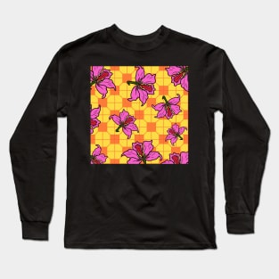 Hong Kong Bauhinia with Orange and Yellow Tile Floor Pattern - Summer Flower Pattern Long Sleeve T-Shirt